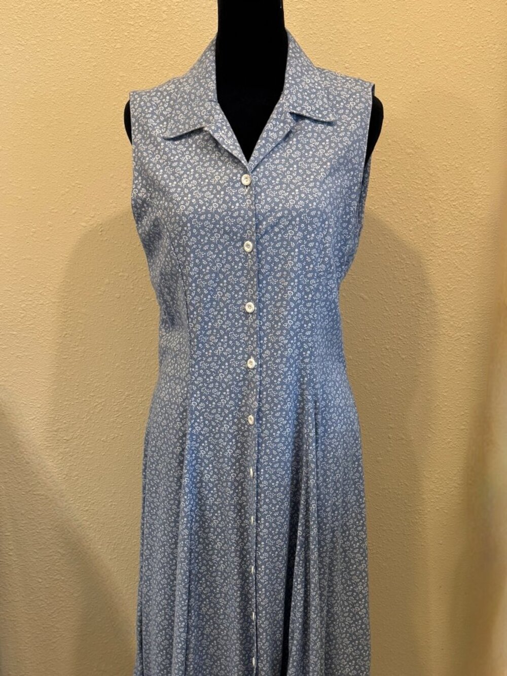 Blue Ditsy Floral Button-Front Dress Vintage 1990s Schoolgirl Prairie Style Sz 8